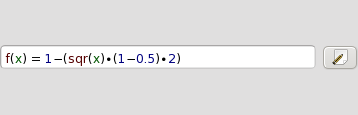 The function in game would use f(x) = 1-(sqr(x)*(1-weapon_accuracy)*2). For a weapon with 50% accuracy, at absolute maximum range accuracy would be nil. Therefore a better function has to be found.