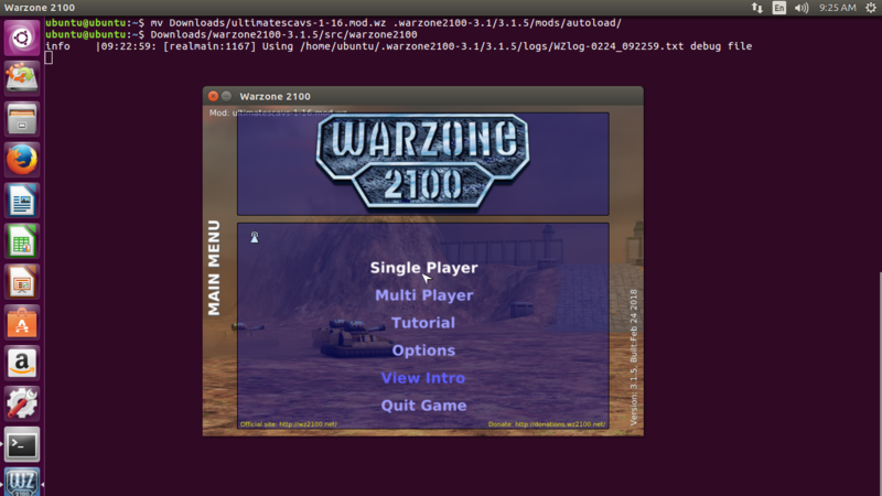picture 3/3 showing a mod installation with Warzone 2100 3.1.5 using Ubuntu 16.0.4