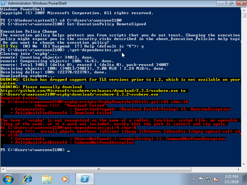 output of powershell when executing `get-dependencies.ps1` on newly installed Windows 7 Home Premium