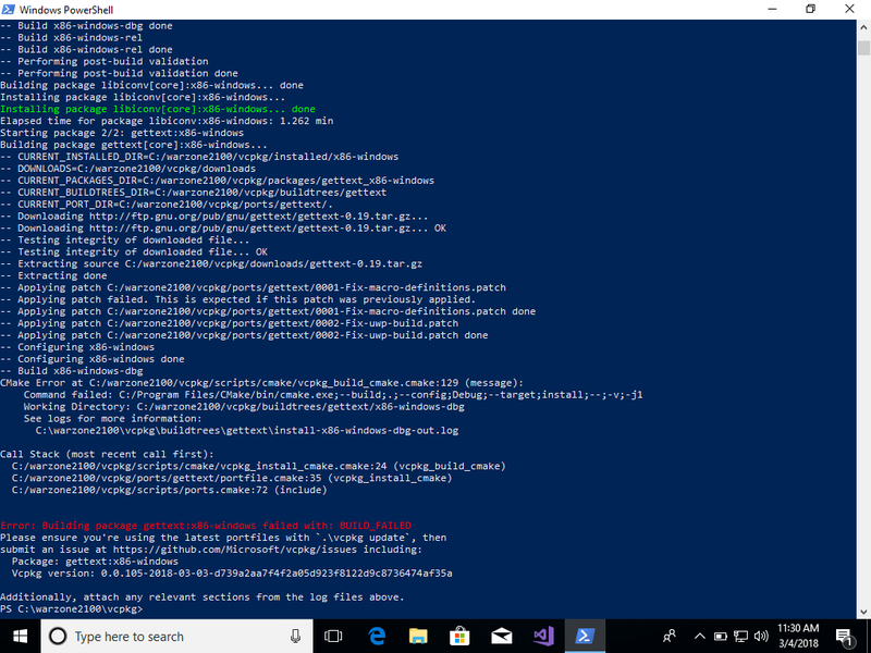 powershell output when executing `vcpkg install gettext` on newly installed Windows 10 VM by Microsoft