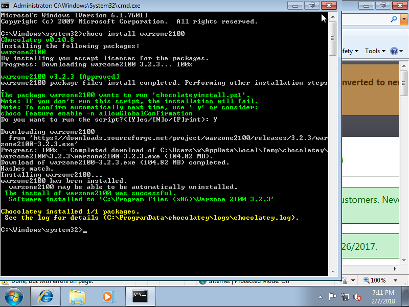 picture 3/3 showing a Warzone 2100 3.2.3 installation on Windows 7 using the Chocolatey package manager